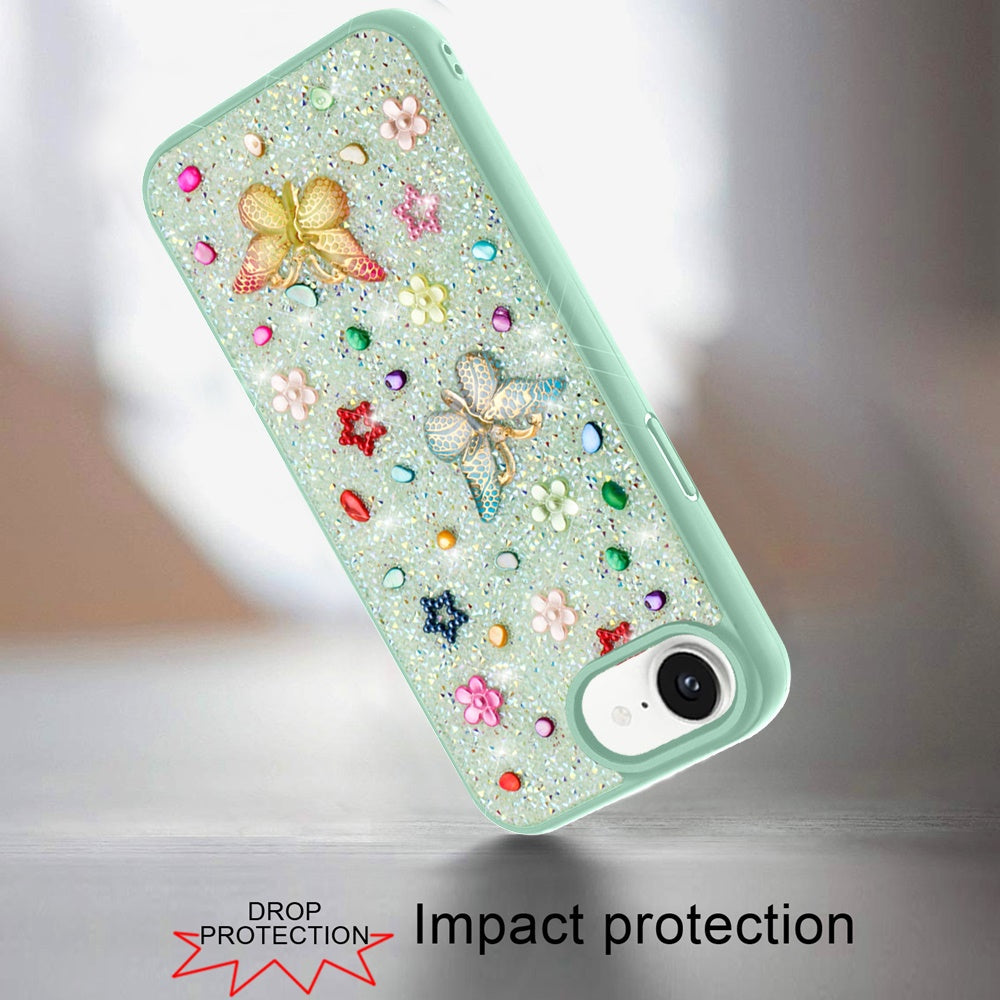 For Apple iPhone 16 Pro (6.3") Diamond Butterfly 3D Glitter Bling Design, Slim Hybrid Sparkle Protective Cover TPU for Women Girls Case Cover