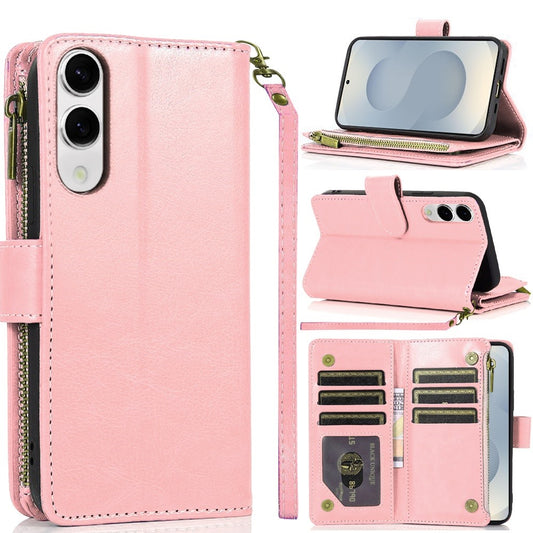 For Samsung Galaxy S25 EDGE Leather Wallet Case with Zipper, 9 Card Slots, Cash Pocket, Stand & Strap, Clutch Pouch Design Case Cover Rose Gold