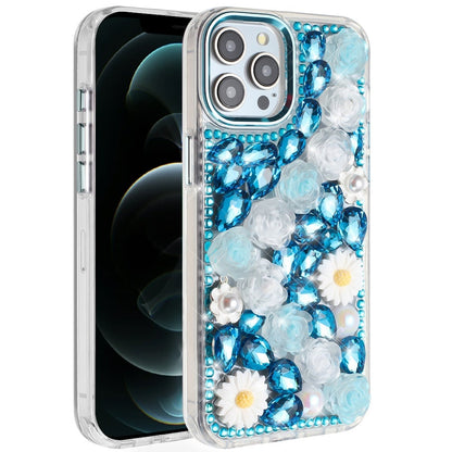 For Apple iPhone 12 Pro Max Fashion Daisy Floral Series, Full 3D Bling Crystal Diamonds Sparkling Rhinestone Glitter Hybrid Design Case Cover Black