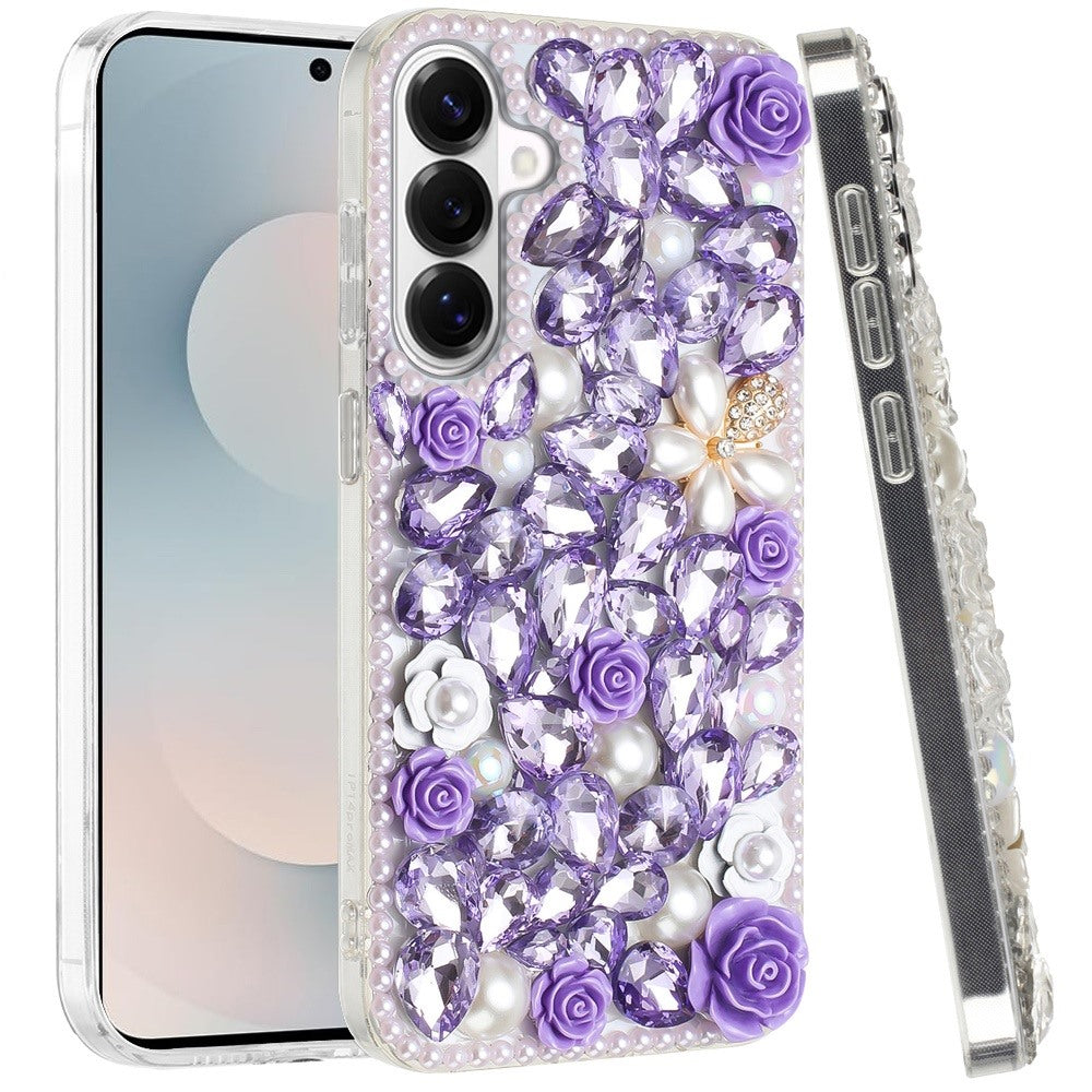 For Samsung Galaxy S26+ / S26 Plus Fashion Rose Flower Floral, 3D Bling Crystal Full Diamonds Pearl Sparkle Rhinestone Glitter Hybrid Case Cover