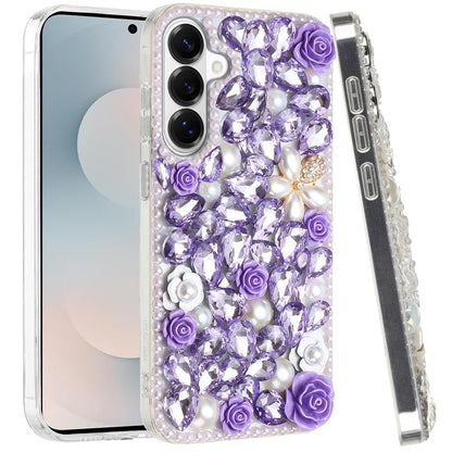 For Samsung Galaxy S26+ / S26 Plus Fashion Rose Flower Floral, 3D Bling Crystal Full Diamonds Pearl Sparkle Rhinestone Glitter Hybrid Case Cover