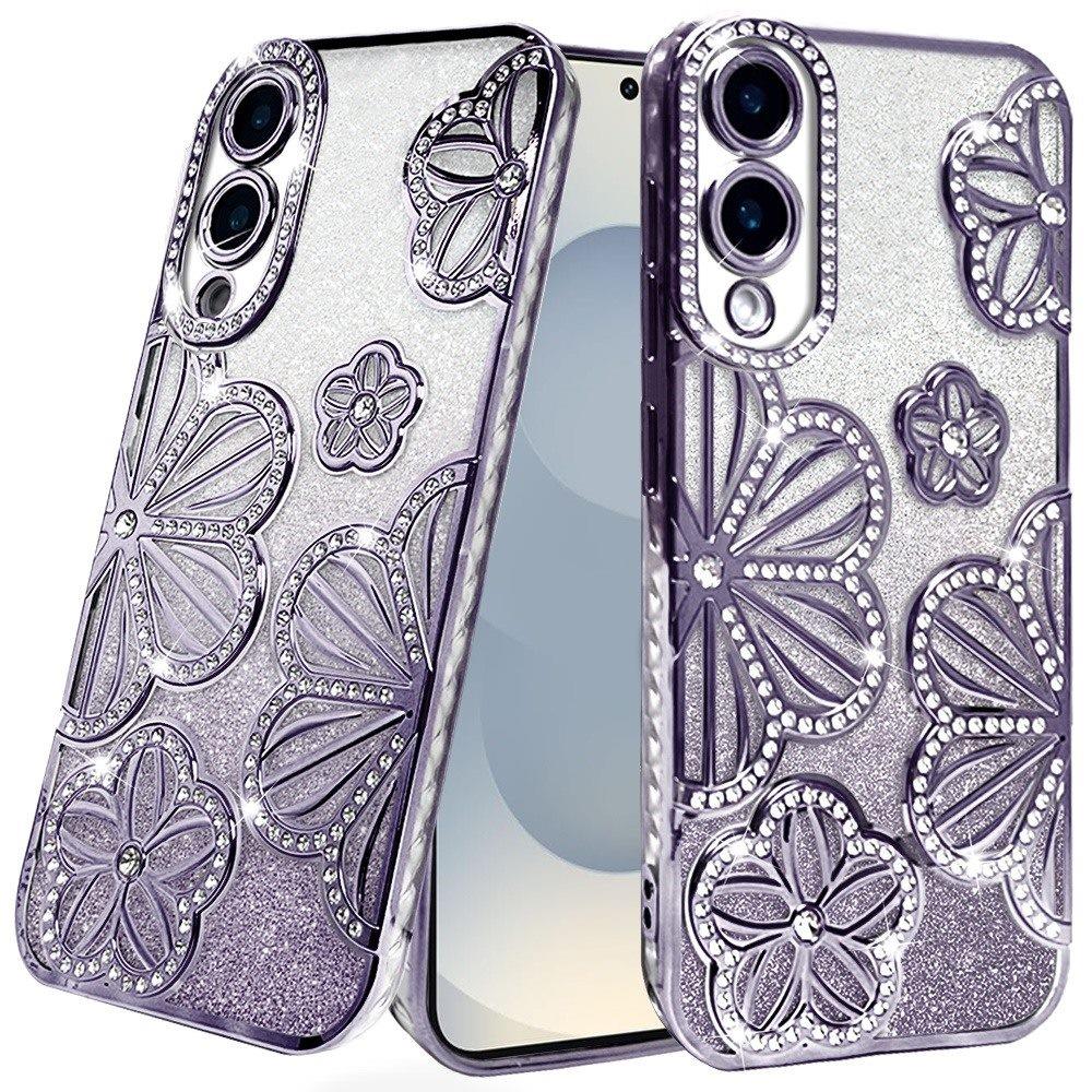 For Samsung Galaxy S25 EDGE Luxury Flower Design Sparkle Glitter Diamond Rhinestone Shimmer Bling Plating Thick TPU Hard PC Case Cover