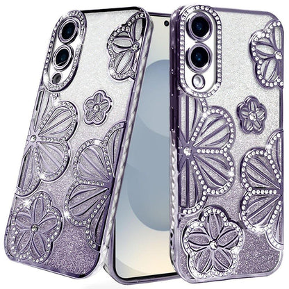For Samsung Galaxy S24 Fan Edition /Galaxy S24 FE Luxury Flower Design Sparkle Glitter Diamond Rhinestone Shimmer Bling Plating Thick TPU Hard PC Case Cover