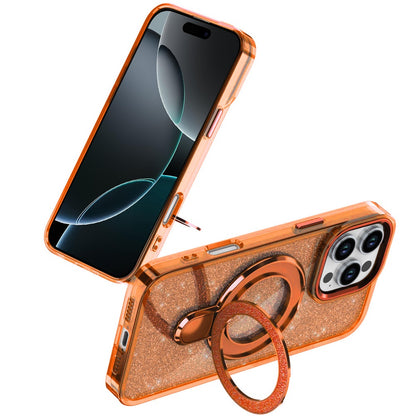 For iPhone 16 Pro Max (6.9") Transparent Glitter Bling Case with Rotating Magnetic Ring Stand, Shockproof Hybrid Protector Cosmic Orange