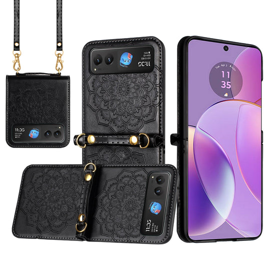 For Motorola Razr Ultra 2025 Embossed Floral PU Leather Henna Mandala Design Flip Cover with Strap, Hybrid Protective Case Cover