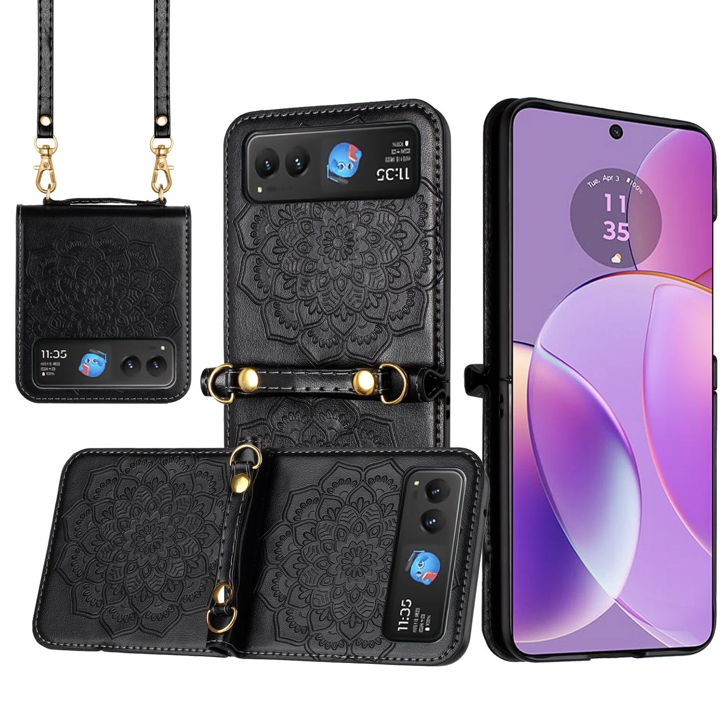For Motorola Razr 2025 Embossed Floral PU Leather Henna Mandala Design Flip Cover with Strap, Hybrid Protective Case Cover