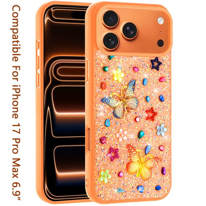 Phone Case for Apple iPhone 17 Pro Max (6.9") 3D Butterfly Diamond Bling Glitter Shockproof Stylish Protective Luxury Hybrid Sparkly Durable Grip Design Cover Cosmic Orange