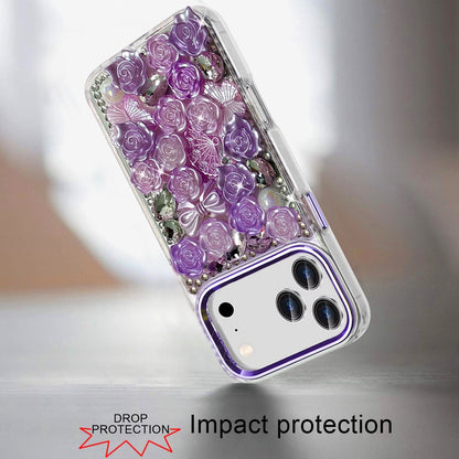 For Apple iPhone 17 Pro Max (6.9") Muti-Color Floral Fashion Bling Crystal 3D Full Diamonds Stones Sparkle Rhinestone Glitter Hybrid Case Cover