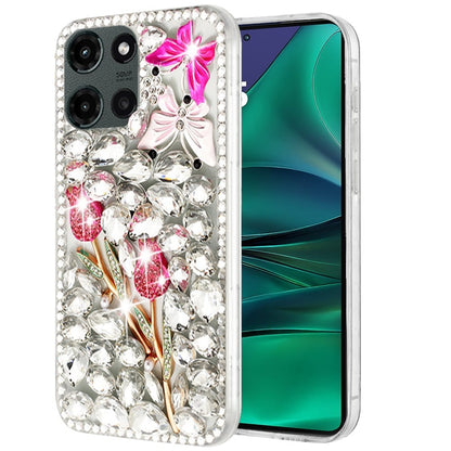 For Motorola Moto G Stylus 5G 2026 /2025 Bling Crystal 3D Full Diamonds Luxury Sparkle Rhinestone Hybrid Protective Case Cover Silver Panda Floral