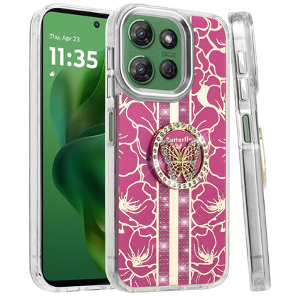 For Motorola Moto G Power 5G 2026 /2025 Diamonds 3D Butterfly Floral Design Bling Sparkly Glitter Hybrid Metal Fashion with Ring Stand Case Cover