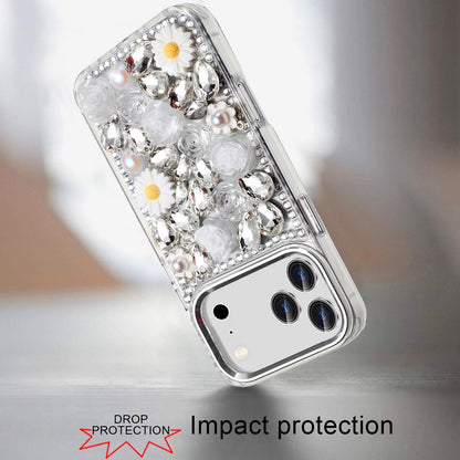 Phone Case for Apple iPhone 17 Pro Max (6.9") Full Bling Rhinestone Glitter Floral Luxury Hybrid Shockproof Stylish Sparkling Protective Designer Ornament Cover White
