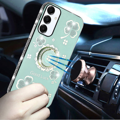 For Samsung Galaxy A16 5G Diamonds Bling All Around Edges Sparkly Glitter Hybrid with Ring Stand Holder Fashion Good Luck Case Cover