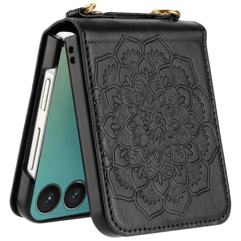 For Samsung Galaxy Z Flip 7 FE Embossed Floral PU Leather Henna Mandala Design Flip Cover with Strap, Hybrid Protective Case Cover Black