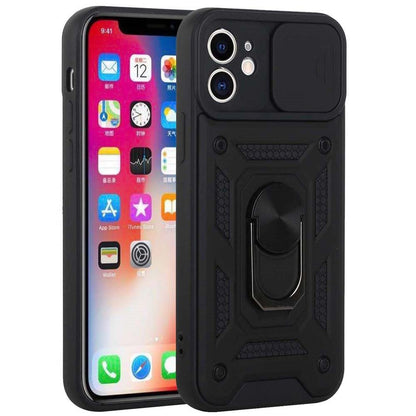 For Apple iPhone 11 Hybrid Case with Slide Camera Lens Cover, Ring Kickstand, Heavy-Duty Dual Layer TPU, Fit Magnet Car Mount Case Cover Black
