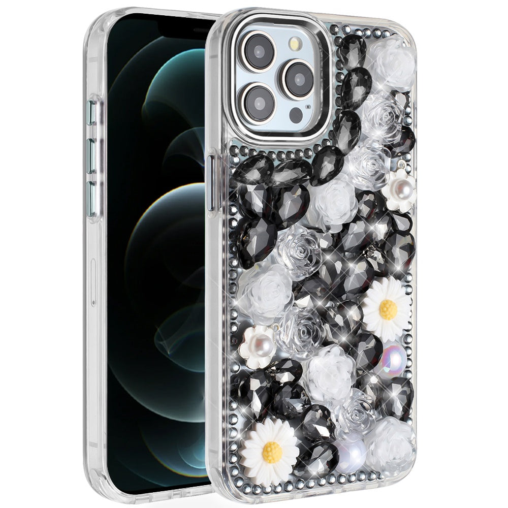 For Apple iPhone 13 Pro Max Fashion Daisy Floral Series, Full 3D Bling Crystal Diamonds Sparkling Rhinestone Glitter Hybrid Design Case Cover Black