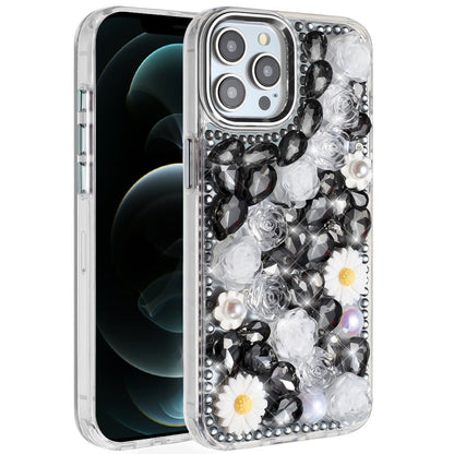 For Apple iPhone 12 Pro Max Fashion Daisy Floral Series, Full 3D Bling Crystal Diamonds Sparkling Rhinestone Glitter Hybrid Design Case Cover Black