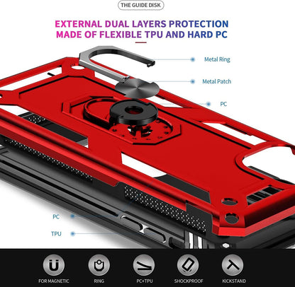 For Motorola Razr+ 2025, Motorola Razr+ Plus (2025) Shockproof Hybrid Dual Layer PC + TPU with Metal Ring Kickstand Heavy Duty Armor Shell Case Cover Red