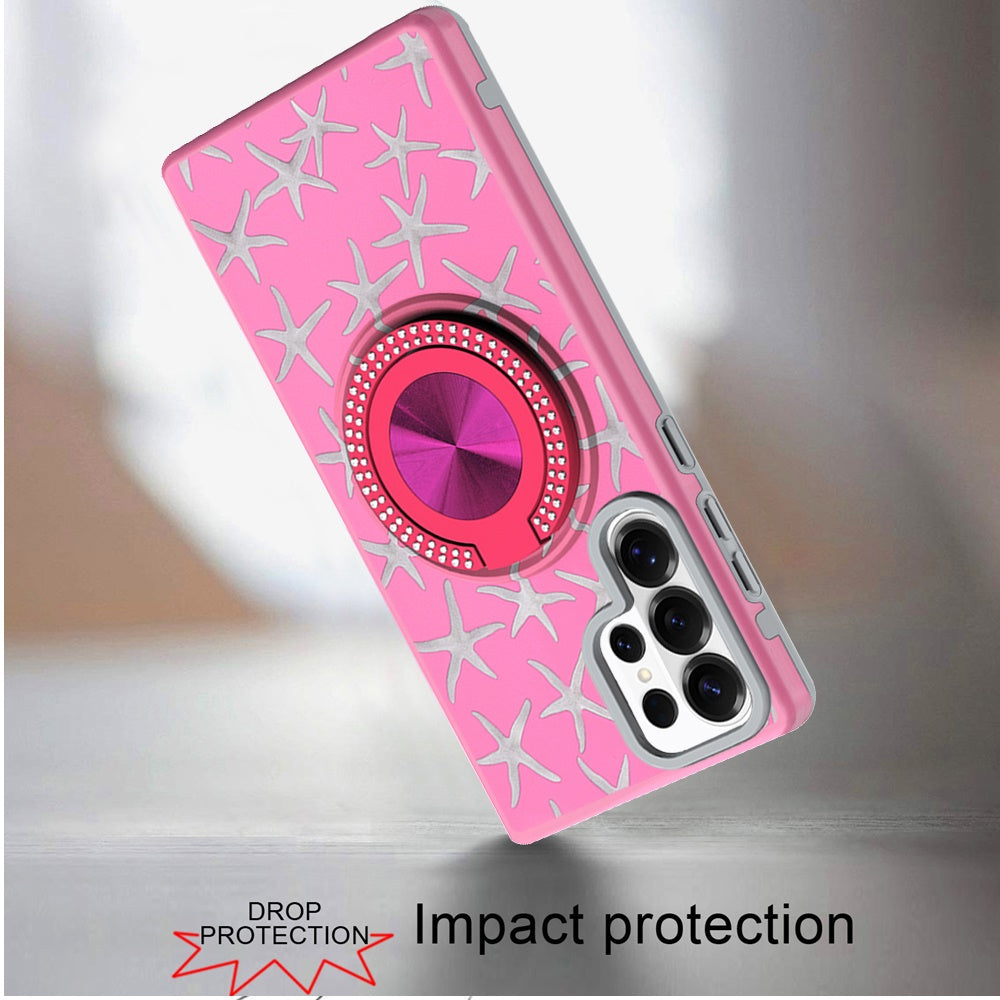 For Samsung Galaxy S26 Ultra Pattern Design Hybrid with Invisible Ring Stand & Magnetic Back, Shockproof Protective Grip Case Cover