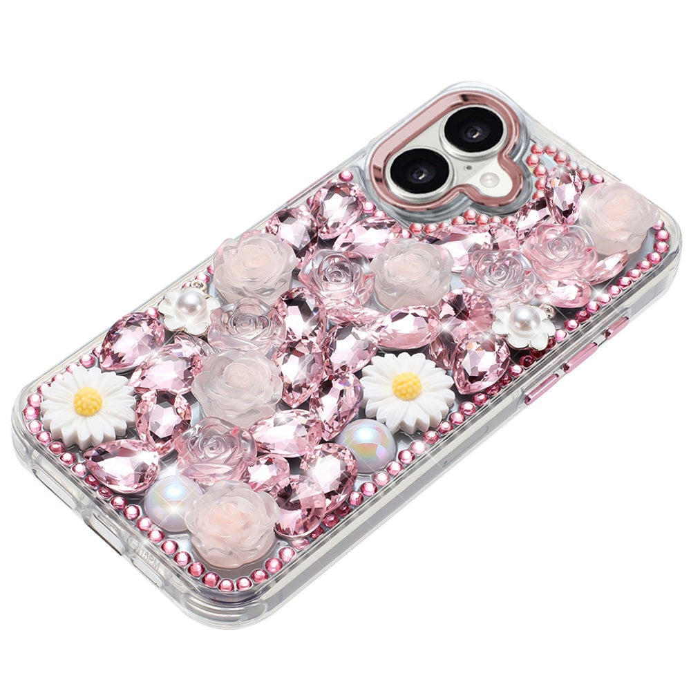 For Apple iPhone 17 (6.3") Fashion Daisy Floral Series, Full 3D Bling Crystal Diamonds Sparkling Rhinestone Glitter Hybrid Design Case Cover
