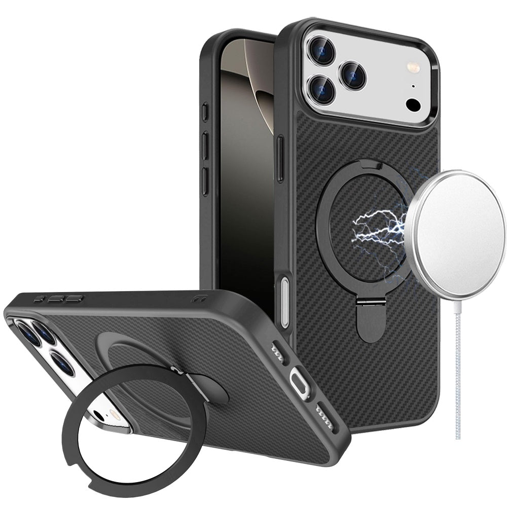 For Apple iPhone 17 Pro Max (6.9") Hybrid Carbon Fiber Design with MagSafe Compatible [Magnetic Circle], Ring Stand Shockproof Slim TPU Case Cover Black