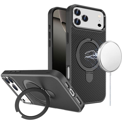 For Apple iPhone 17 Pro Max (6.9") Hybrid Carbon Fiber Design with MagSafe Compatible [Magnetic Circle], Ring Stand Shockproof Slim TPU Case Cover Brown