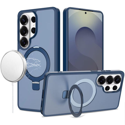 Phone Case for Samsung Galaxy S25 Ultra Magnetic Ring Stand Full Rotation Matte Shockproof Grip Anti Slip Durable Camera Protection Hybrid Cover Blue