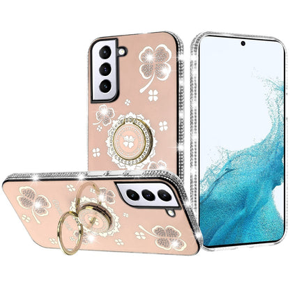 For Samsung Galaxy S22 Diamonds Bling All Around Edges Sparkly Glitter Hybrid with Ring Stand Holder Fashion Good Luck Case Cover