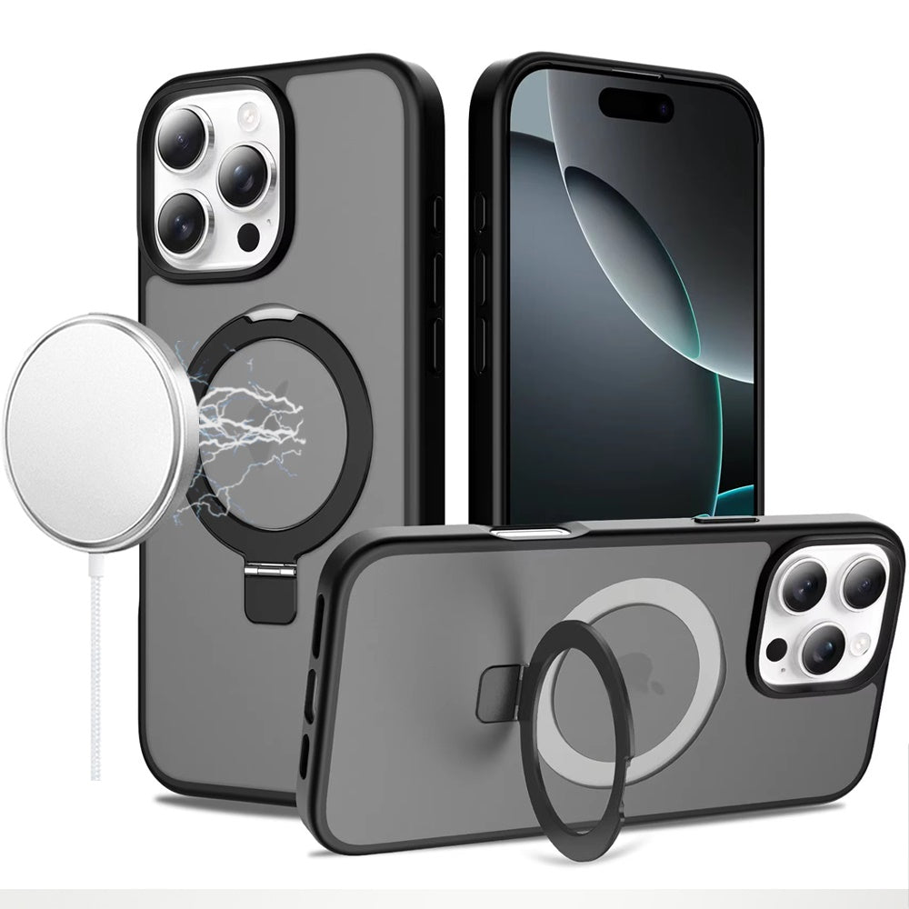 For iPhone 16 Pro Max (6.9") Magnetic Circle Back with Ring Stand Full Rotation Matte Hybrid Shockproof Protector