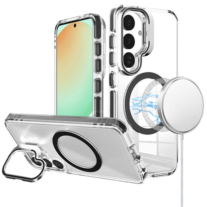 For Samsung Galaxy S25 Ultra Built-in Camera Kick-Stand, Compatible with MagSafe, Transparent Colorful Edged Tough Hybrid TPU Case Cover Clear Black