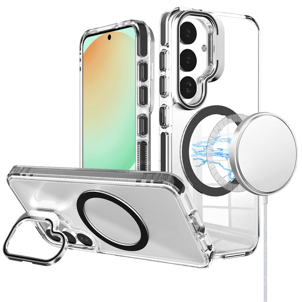 For Samsung Galaxy S25 /S24 Built-in Camera Kick-Stand, Compatible with MagSafe, Transparent Colorful Edged Tough Hybrid TPU Case Cover Clear Black