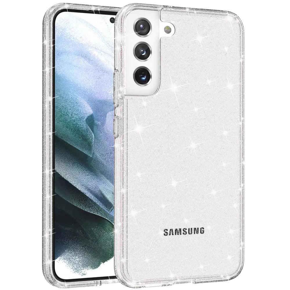 For Samsung Galaxy S21 5G Transparent Glitter Shiny Sparkle Bling TPU Rubber Hard Back Hybrid Frame Shockproof Case Cover Clear