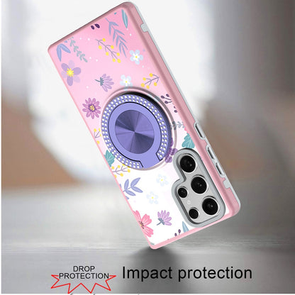 For Samsung Galaxy S25 Ultra Pattern Design Hybrid with Invisible Ring Stand & Magnetic Back, Shockproof Protective Grip Case Cover