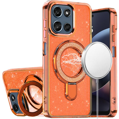 For Motorola Moto G 5G 2026/2025 Transparent Glitter Bling Case with Rotating Magnetic Ring Stand, Shockproof Hybrid Case Cover Cosmic Orange