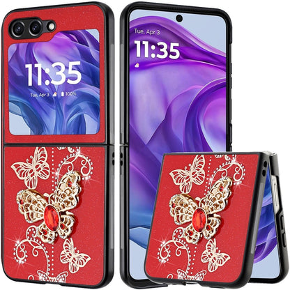 For Samsung Galaxy Z Fold 7 Diamonds 3D Butterfly Bling Sparkly Glitter Ornaments Engraving Hybrid Metal Fashion Case Cover Red Garden Butterflies