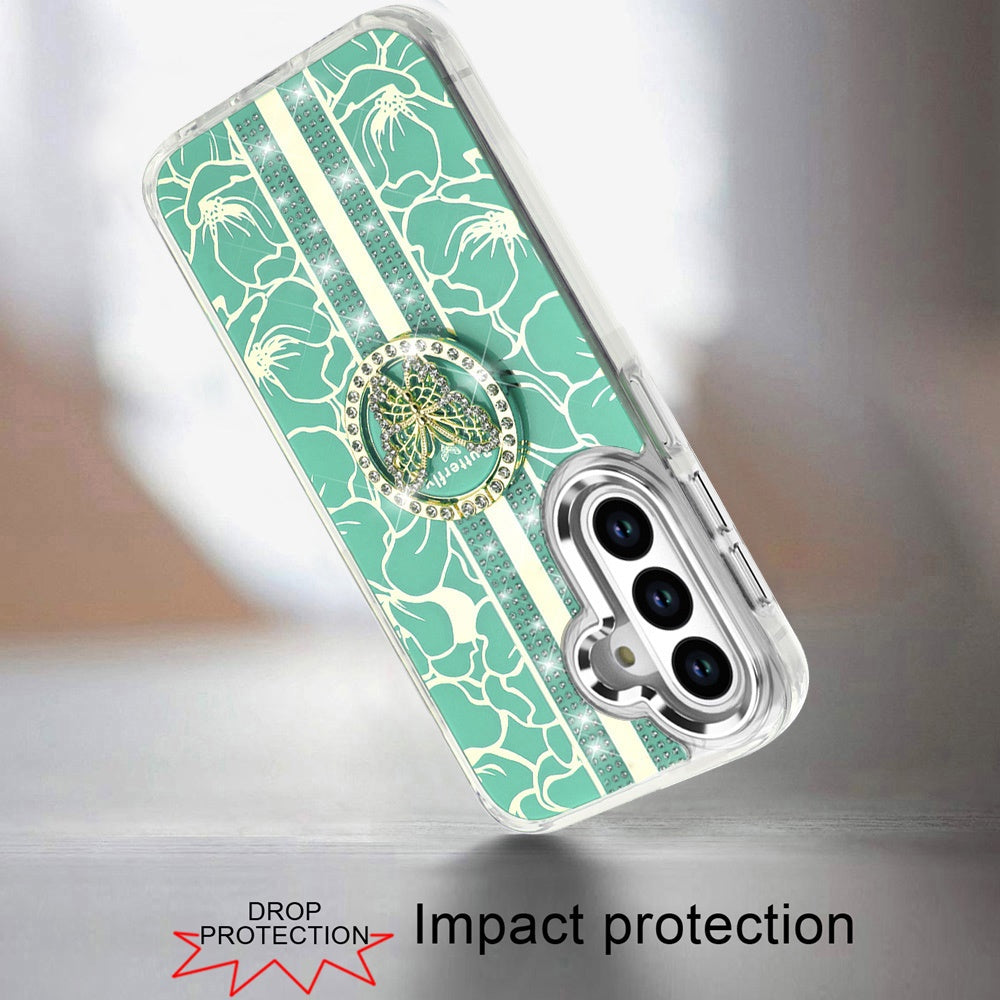 For Samsung Galaxy A16 5G Diamonds 3D Butterfly Floral Design Bling Sparkly Glitter Hybrid Metal Fashion with Ring Stand Case Cover