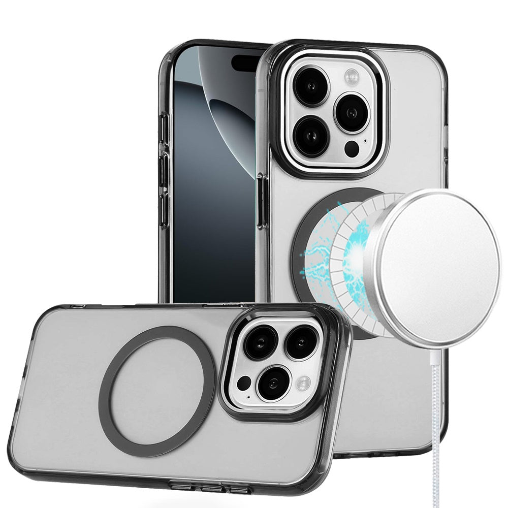 For Apple iPhone 16 Pro (6.3") Transparent Back Hybrid Case - Magnetic Circle, Color Frame, Metal Buttons, MagSafe Compatible Case Cover