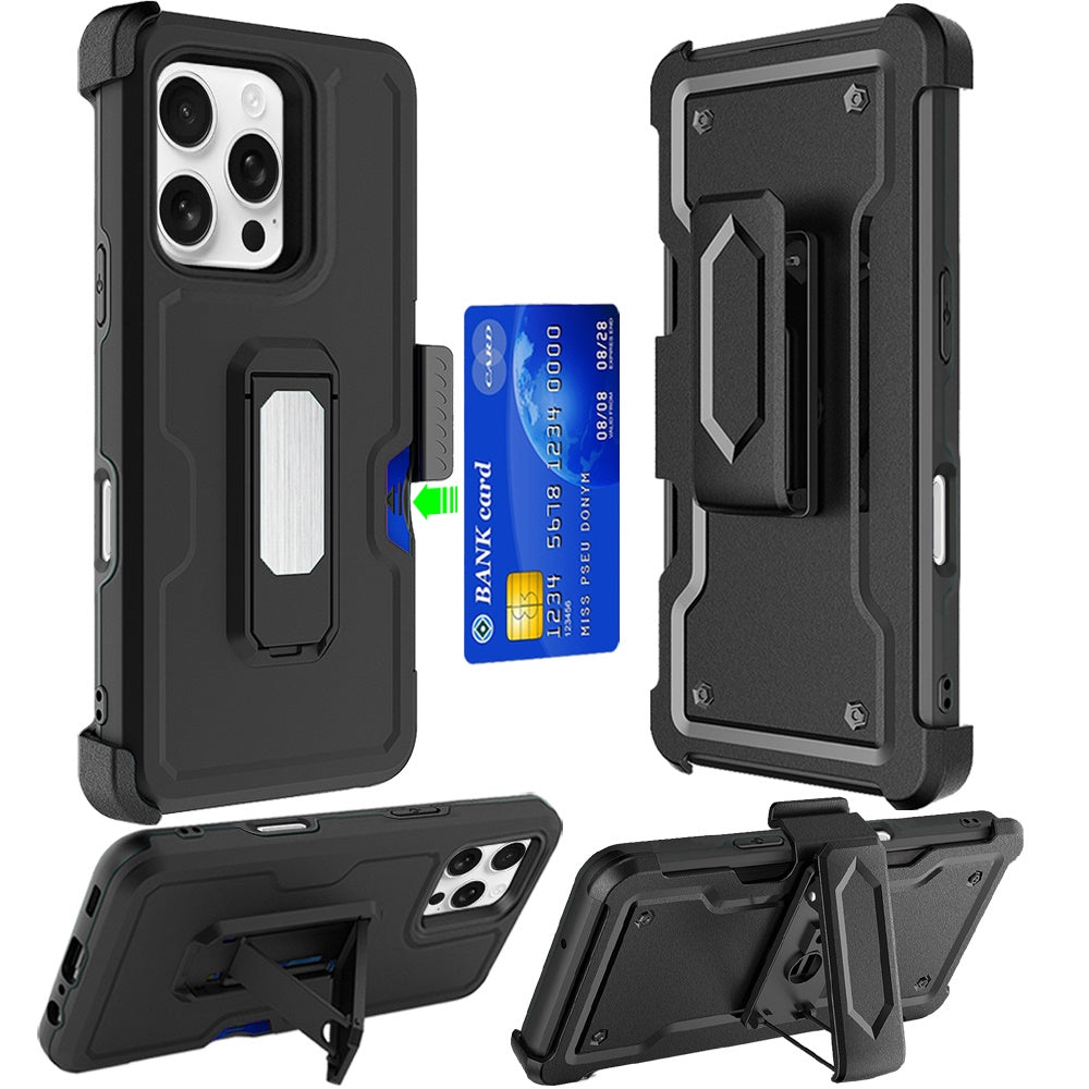 For Apple iPhone 16 Pro Max (6.9") Armor Shockproof Belt Clip Holster with Credit Card Holder, Kickstand Protective Full Body Heavy Duty Hybrid Case Cover Black
