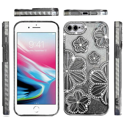 For iPhone 8 Plus / iPhone 7 Plus Luxury Flower Design Sparkle Glitter Diamond Rhinestone Shimmer Bling Plating Thick TPU Hard PC Case Cover Silver