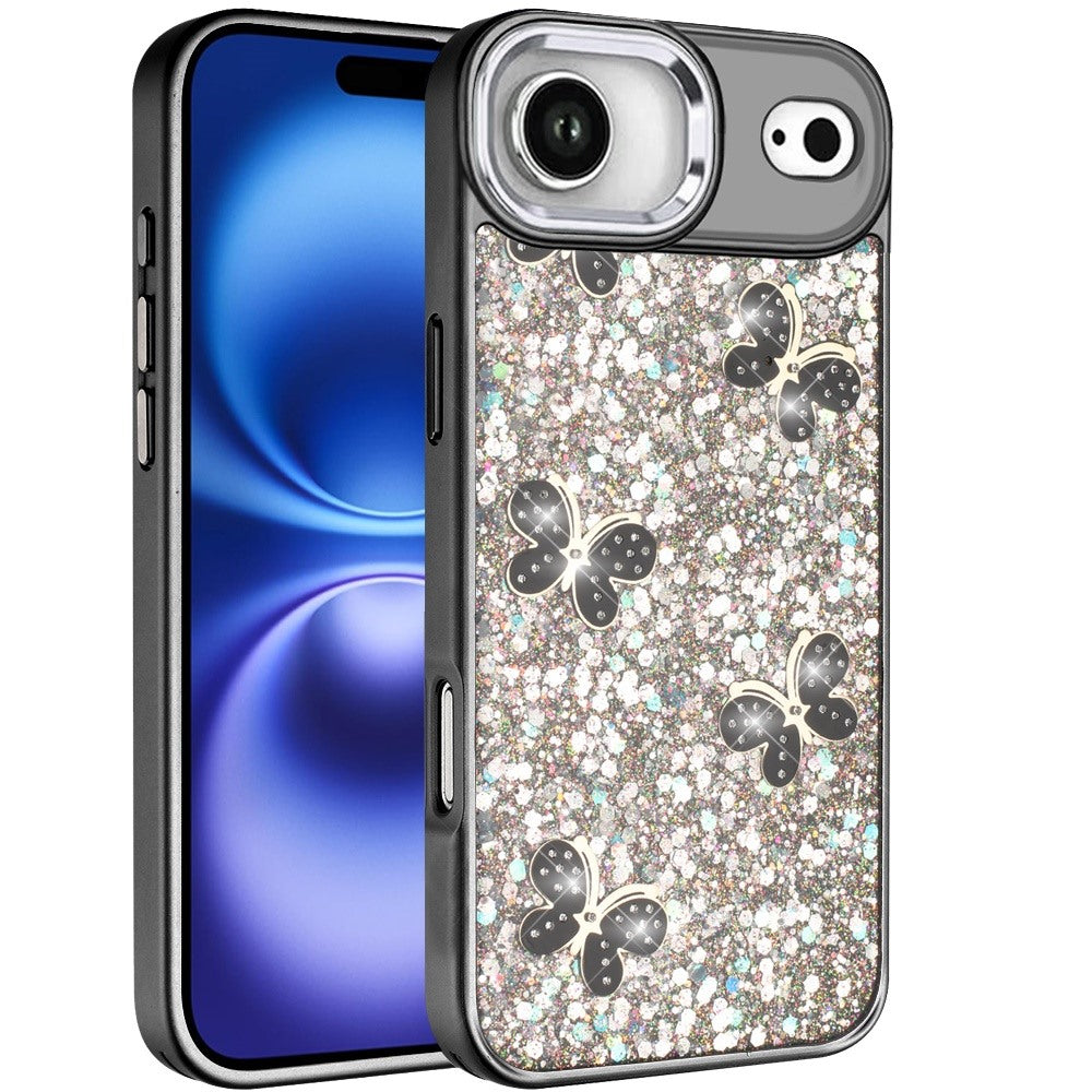 For Apple iPhone 17 Air (6.6") Cute Butterfly Crystal Diamond Glitter Case Sparkle Bling Frame Metallic Edges, Shimmer TPU Hybrid Case Cover