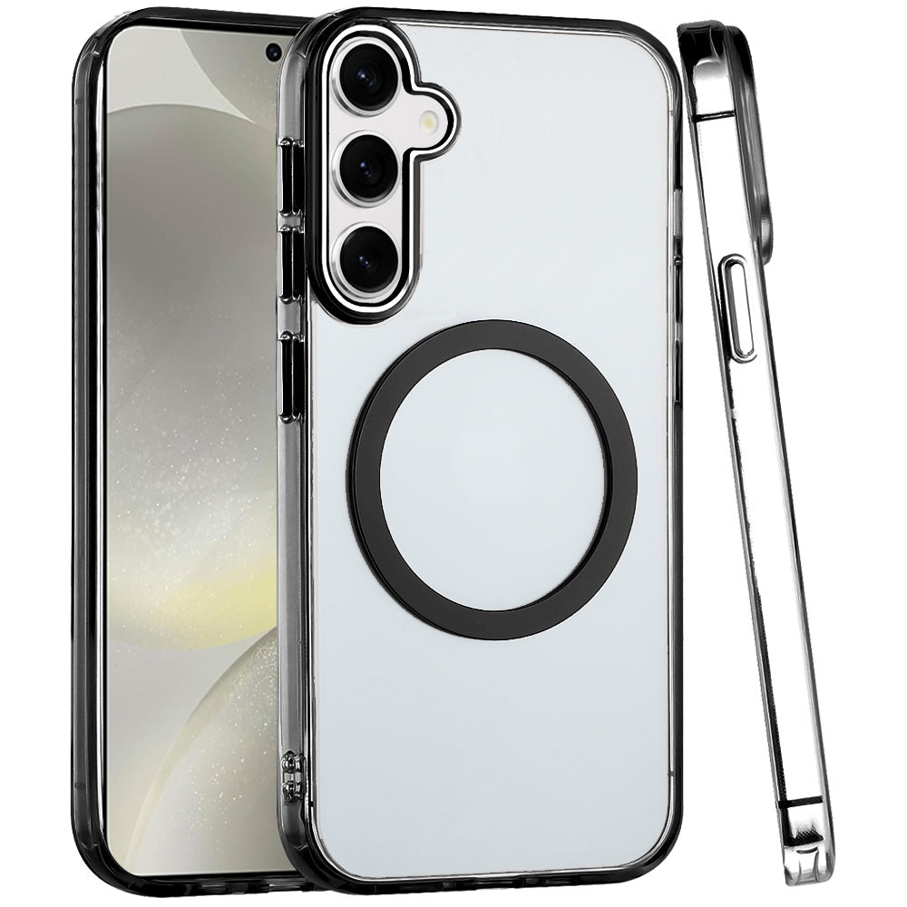 For Samsung Galaxy A37 Transparent Back Hybrid Case - Magnetic Circle, Color Frame, Metal Buttons, MagSafe Compatible Case Cover Black