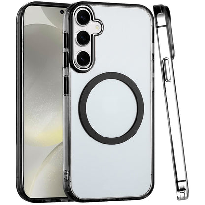 For Samsung Galaxy A37 Transparent Back Hybrid Case - Magnetic Circle, Color Frame, Metal Buttons, MagSafe Compatible Case Cover Black