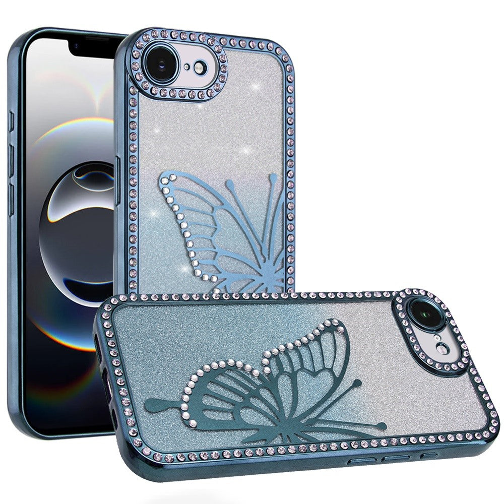 For Apple iPhone 16e Butterfly Glitter Diamond Shimmer Hybrid Slim & Stylish Electroplated Sparkly Bling Shockproof TPU Protective Case Cover