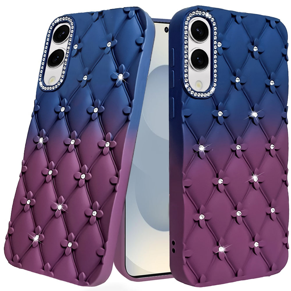 For Samsung Galaxy S25 Edge Fashion Flower Design Sparkle Glitter Shimmer Rhinestone Bling Floral Accents, Leather Texture TPU Case Cover