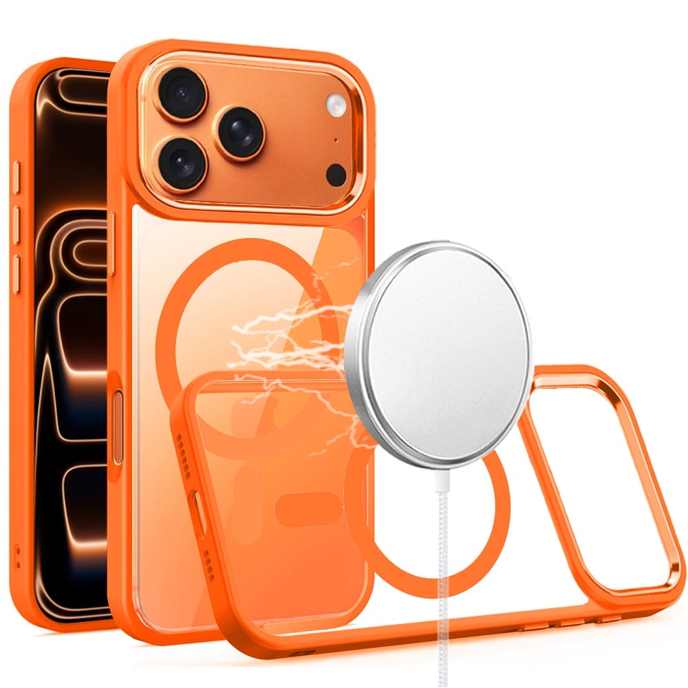 For Apple iPhone 17 Pro (6.3") MagSafe Compatible Transparent Greatest Clear Acrylic with Color Frame Thick Hybrid TPU Hard Case Cover Cosmic Orange