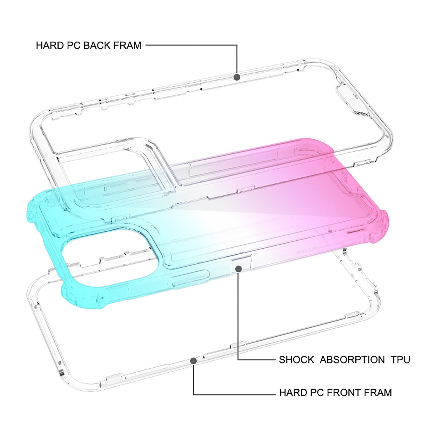 For Apple iPhone 16 Plus (6.7") Hybrid 3in1 Clear Two Color Tone Transparent Shockproof Rubber TPU + Hard Protective Frame Case Cover Blue Teal + Pink