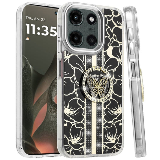 For Motorola Edge 2025 Diamonds 3D Butterfly Floral Design Bling Sparkly Glitter Hybrid Metal Fashion with Ring Stand Case Cover