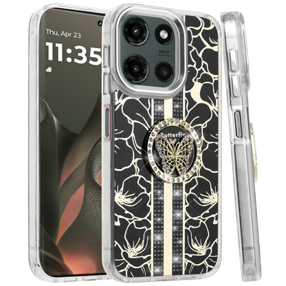 For Motorola Moto G 5G /Moto G 2025 Diamonds 3D Butterfly Floral Design Bling Sparkly Glitter Hybrid Metal Fashion with Ring Stand Case Cover