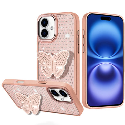 For Apple iPhone 17 (6.3") Butterfly Moveable Grip 3D Pop Stand Full Diamond Bling Sparkling TPU Fashion Hybrid Case Cover