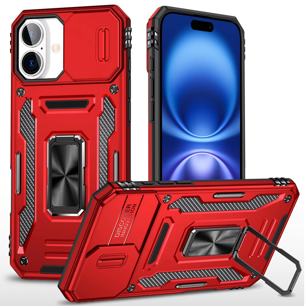 For Apple iPhone 17 (6.3") Tough Hybrid Case with Movable Camera Window & Metal Ring Stand Shockproof Case Cover