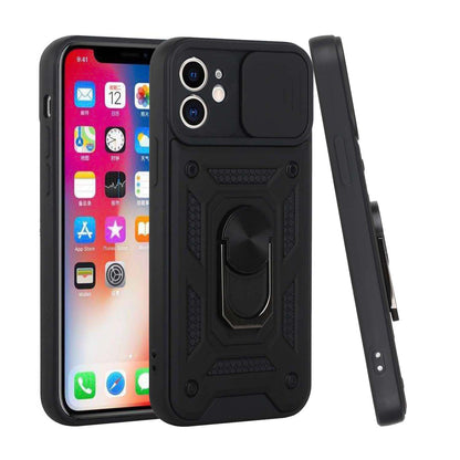 For Apple iPhone SE 3 (2022) SE/8/7 Hybrid Case with Slide Camera Lens Cover, Ring Kickstand, Heavy-Duty Dual Layer TPU, Fit Magnet Car Mount Case Cover
